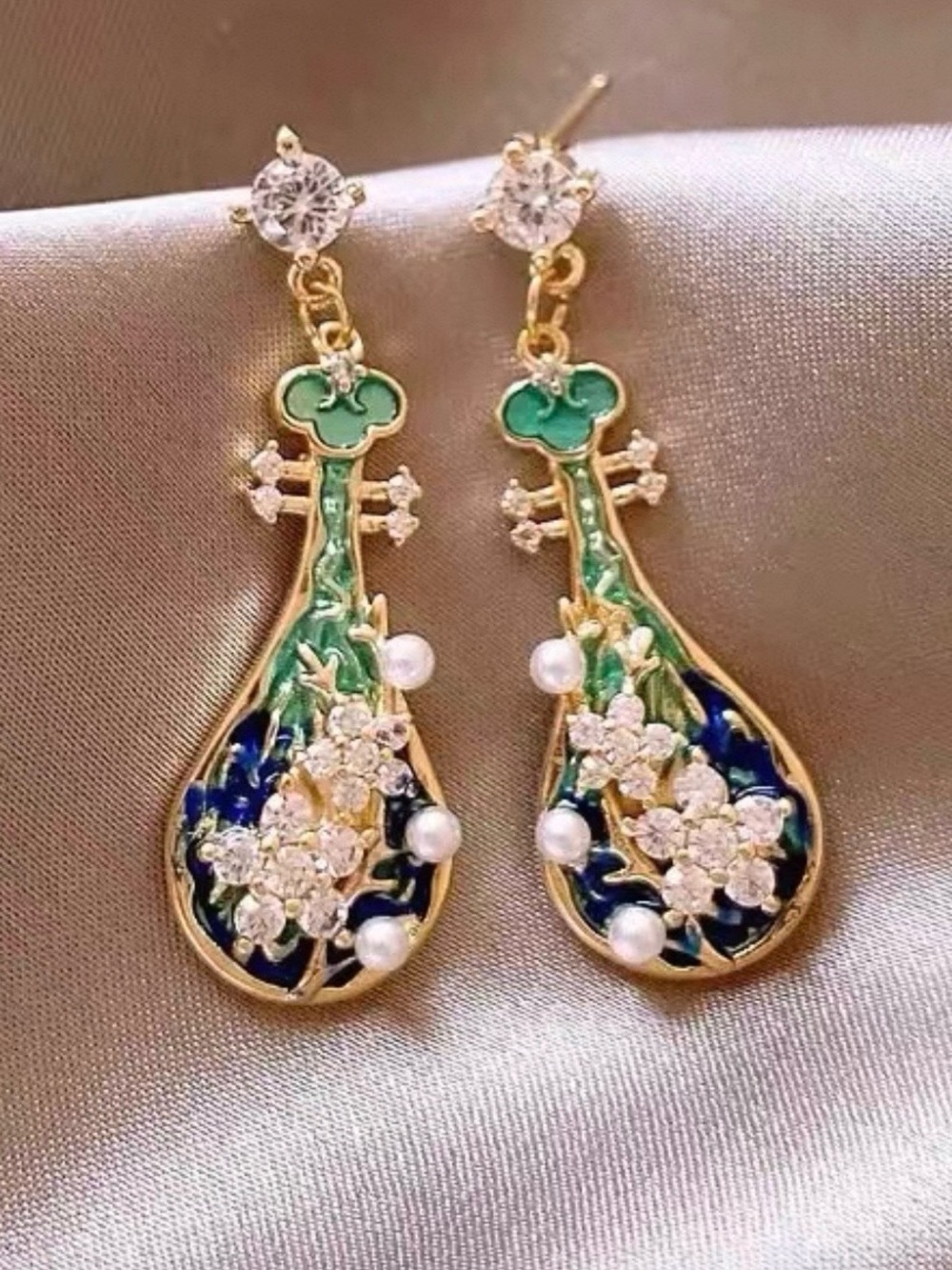 Gold-Tone Blue & Green Enamel Floral Drop Earrings with Pearls